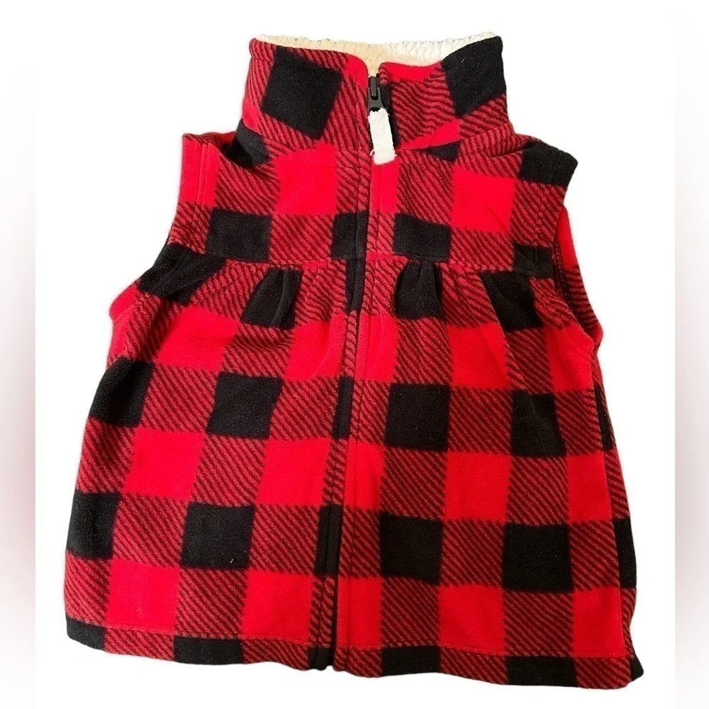Carters 9 month baby girl red and black plaid vest w/Sherpa style lined collar